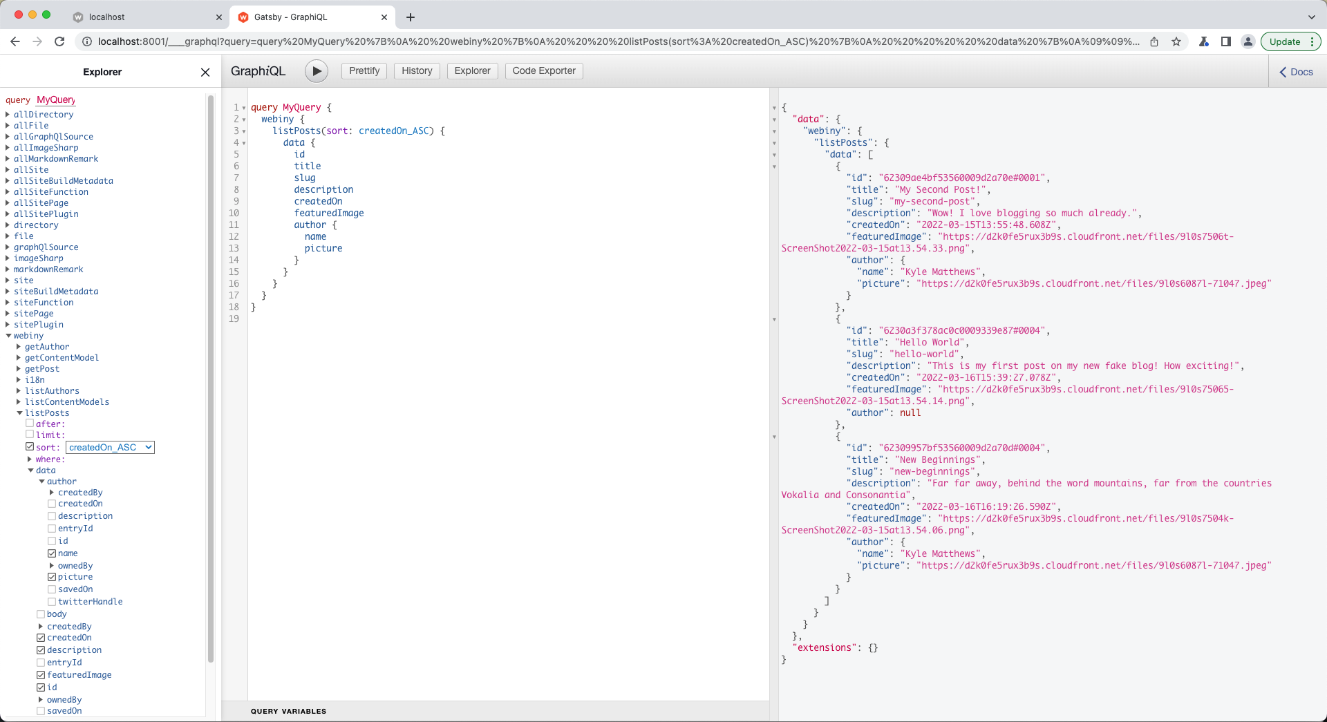 Gatsby's GraphQL IDE with the webiny data