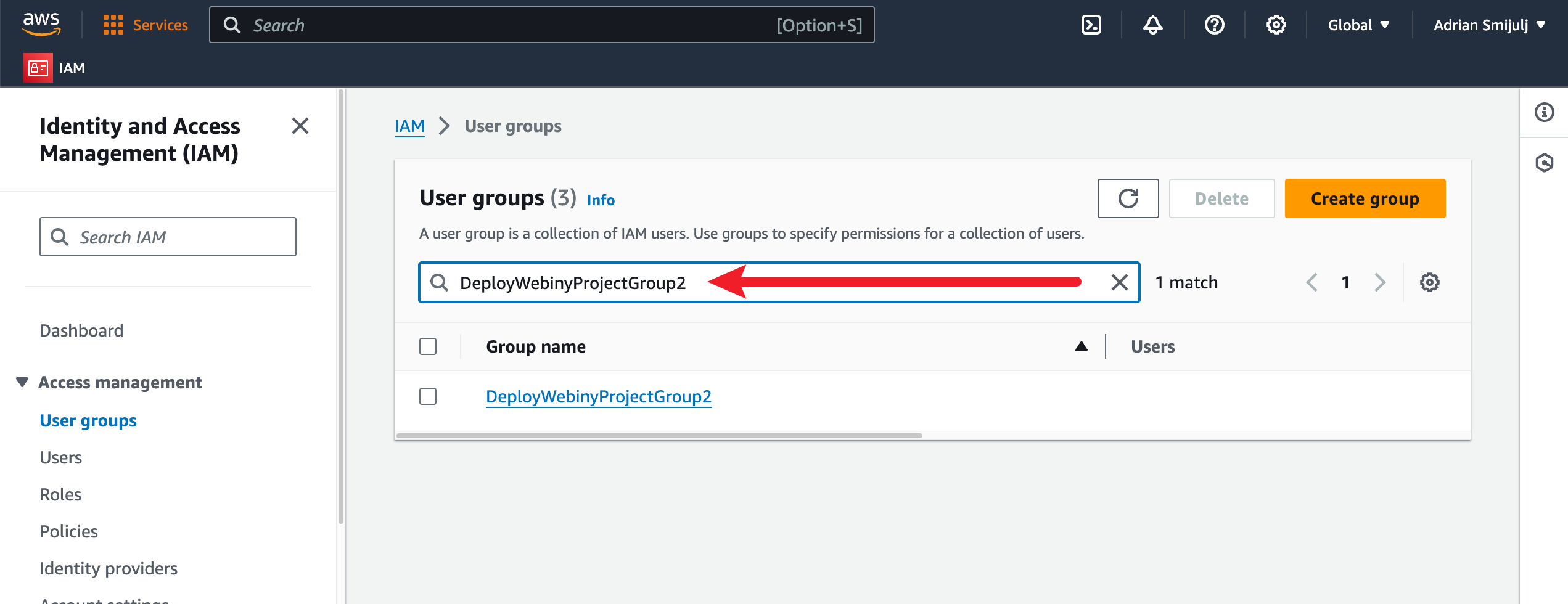 Search for the DeployWebinyProjectGroup2 IAM group